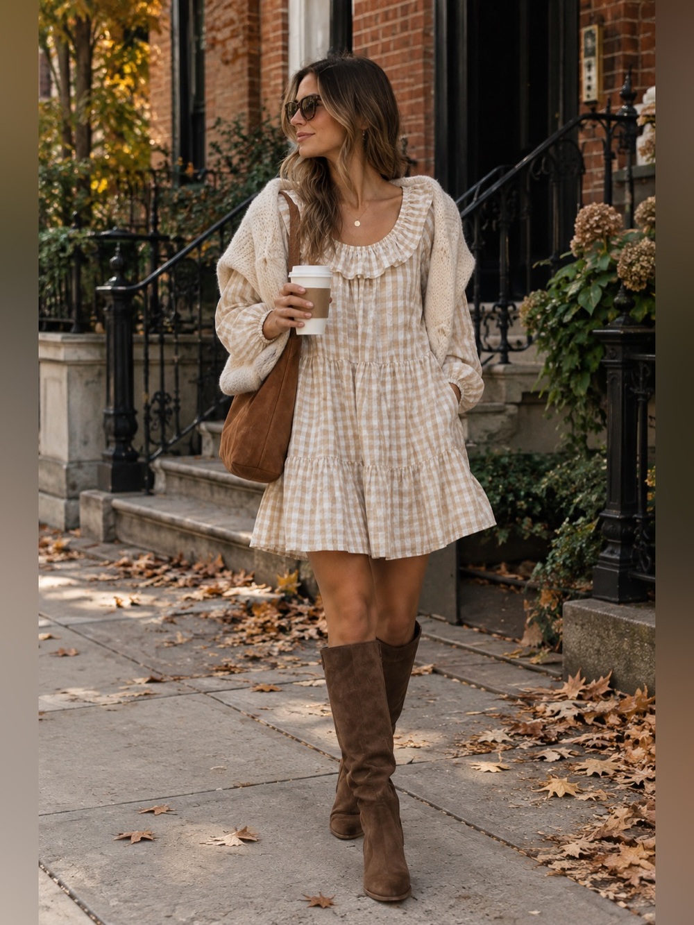 J. Crew Beige Gingham Ruffle-Neck Long Sleeve Dress